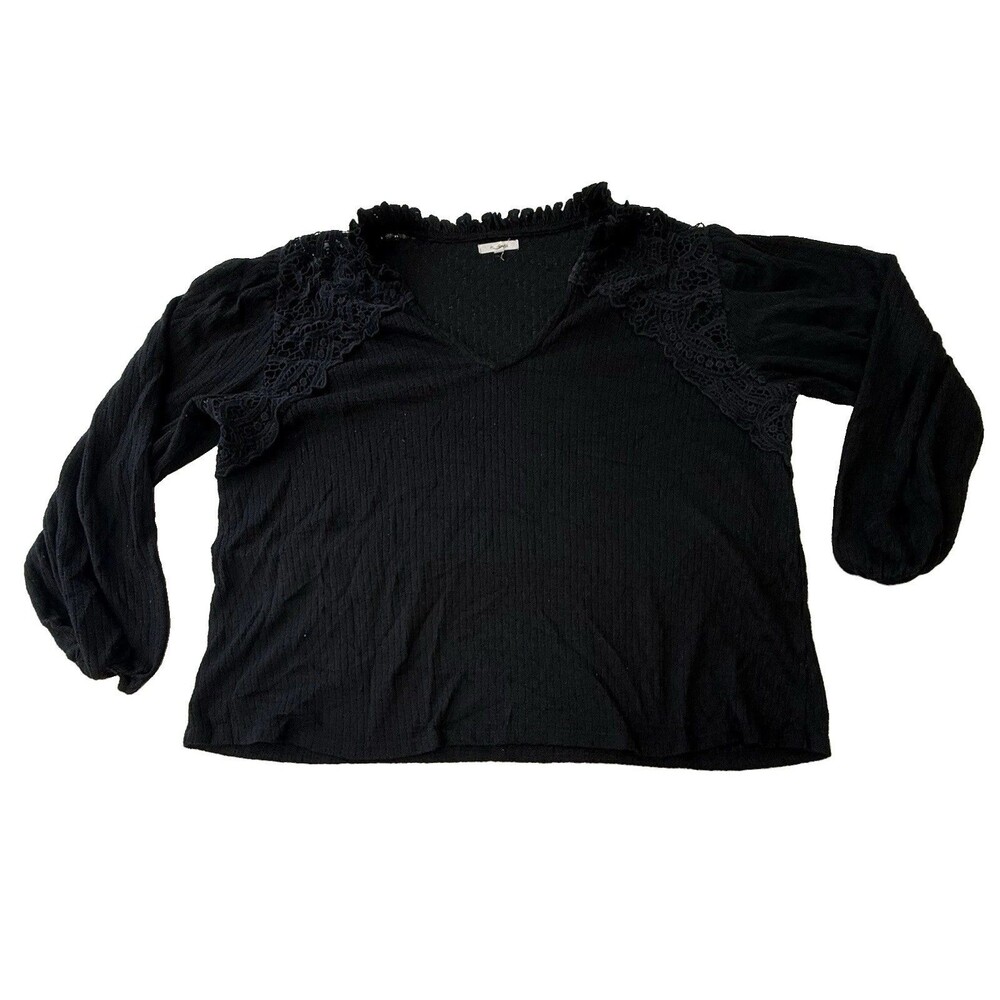 Black Lace Trim Blouse XL Textured Crinkle Long Sleeve Romantic Boho Top